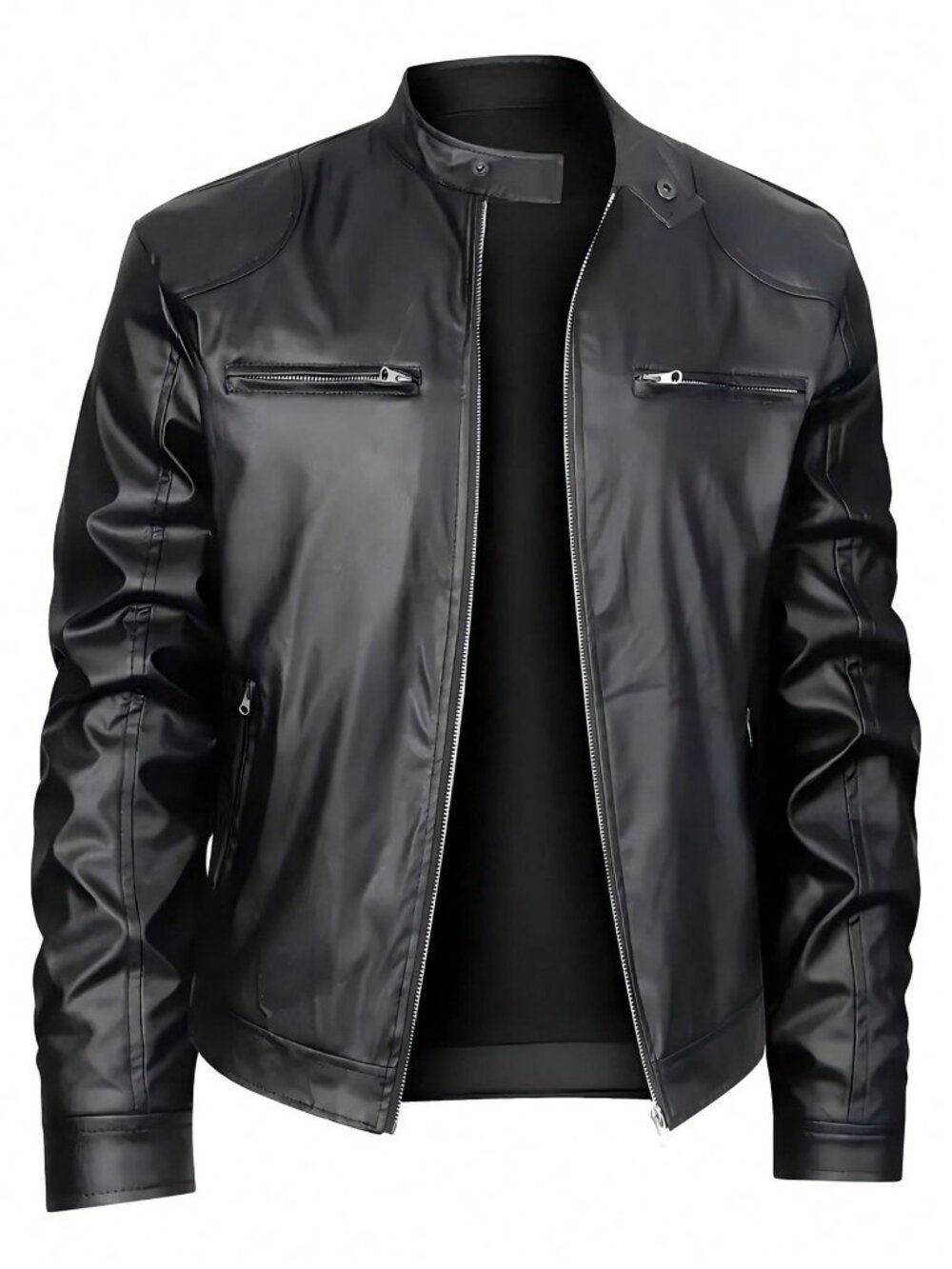 Black Casual Men's Regular Fit Stand Collar Zipper Pocket Bomber Jacket
